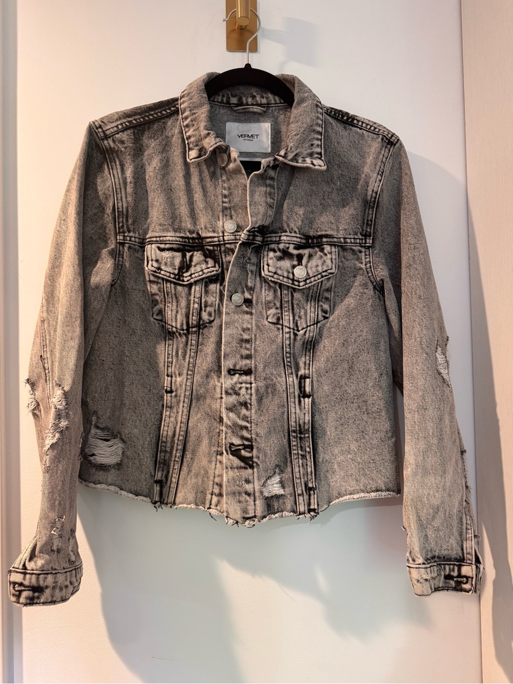 Vervet Women's Washed Grey Distressed Denim Jacket